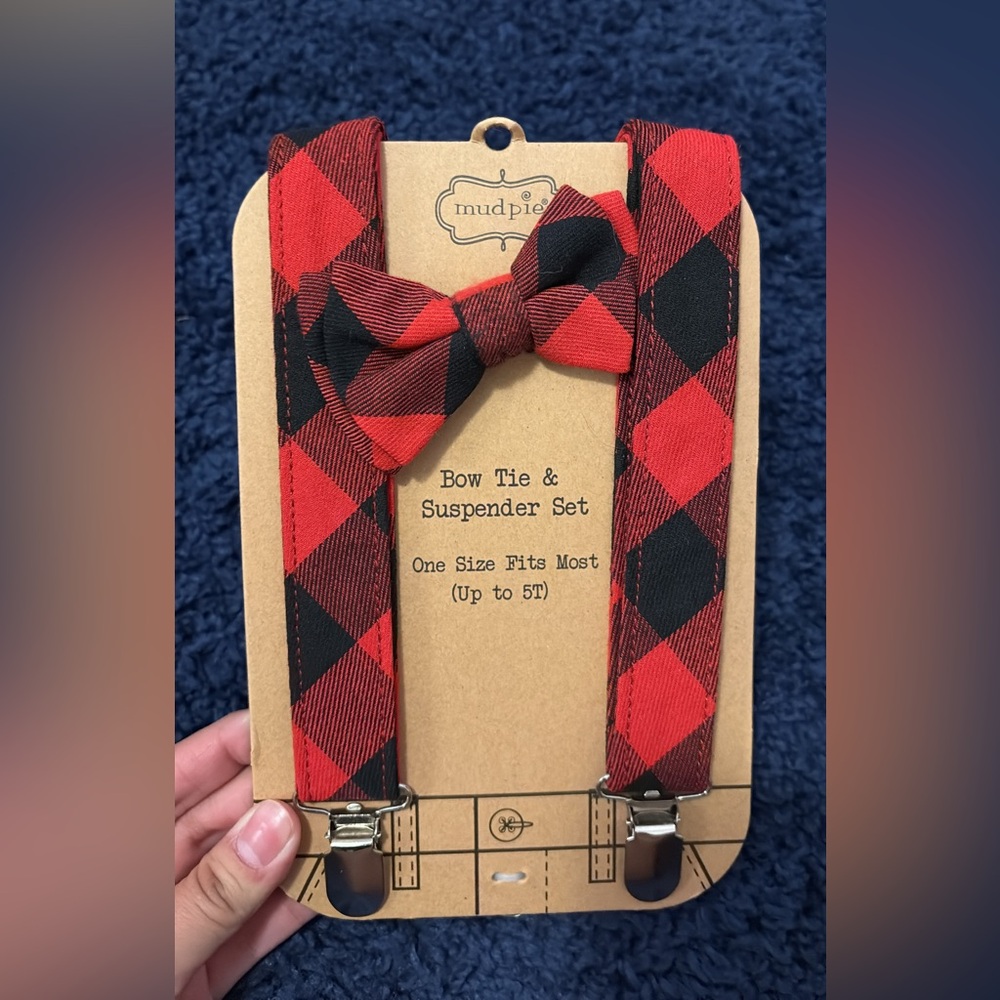 Mud Pie Red and Black Checkered Bow Tie & Suspender Set